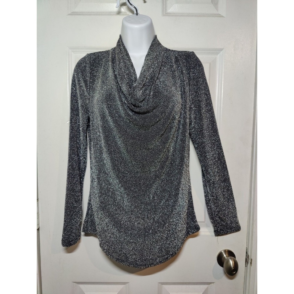 Joan Voss Sparkly Gray Cowl Neck Long Sleeve Dressy‎ Blouse Top Stretch S NWT
